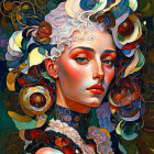 Colorful digital artwork of a woman with white curly hair and abstract floral elements.