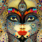 Symmetrical ornate digital art of a woman's face with rich colors and eye focus