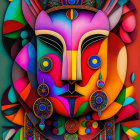 Colorful abstract art with stylized face, geometric patterns, and warm palette