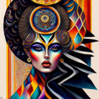 Vibrant portrait of a stylized woman with geometric patterns and elaborate headpiece.