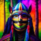 Vibrant mask-like face art with intricate patterns on rainbow background