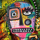 Vibrant surreal painting of robotic face with diverse textures and organic elements