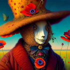 Whimsical pumpkin-headed character in orange hat and green suit in poppy field