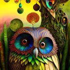 Vibrant owl illustration in surreal forest scene