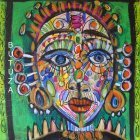 Colorful geometric face art with mirror shards and horned headdress on patterned background