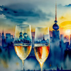 Colorful cityscape and sunset reflected in wine glasses.