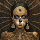 Golden patterned artwork of a woman with skull-like makeup and Dia de los Muertos symbols.