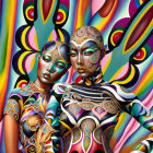 Colorful stylized figures with elaborate face paint and patterned clothing on swirling backdrop.