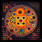 Colorful Abstract Painting with Circular Motif on Dark Background