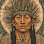 Detailed illustration of regal man with ornate headdress and jewelry in golden frame