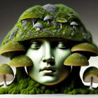 Person's Face Illustration with Mushroom and Moss Hair Integration