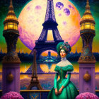 Vintage-dressed woman in front of stylized Eiffel Tower under cosmic sky