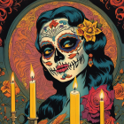 Colorful Day of the Dead Woman Portrait with Floral Design and Candles