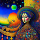 Colorful Psychedelic Woman Illustration with Celestial Elements