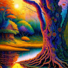 Fantastical painting of twisted tree by water at sunset with hut and wildlife