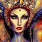 Ethereal woman with red hair, golden headpiece, and red eyes
