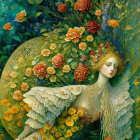 Ethereal figure with angelic wings surrounded by vibrant flowers and greenery