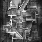 Monochrome Escheresque illustration of intricate staircases and geometric shapes in a surreal, maze-like