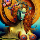 Surreal portrait of blue-faced figure with golden headdress surrounded by ornate patterns and flora