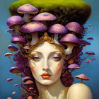 Woman with Mushrooms and Vines in Hair on Blue Background