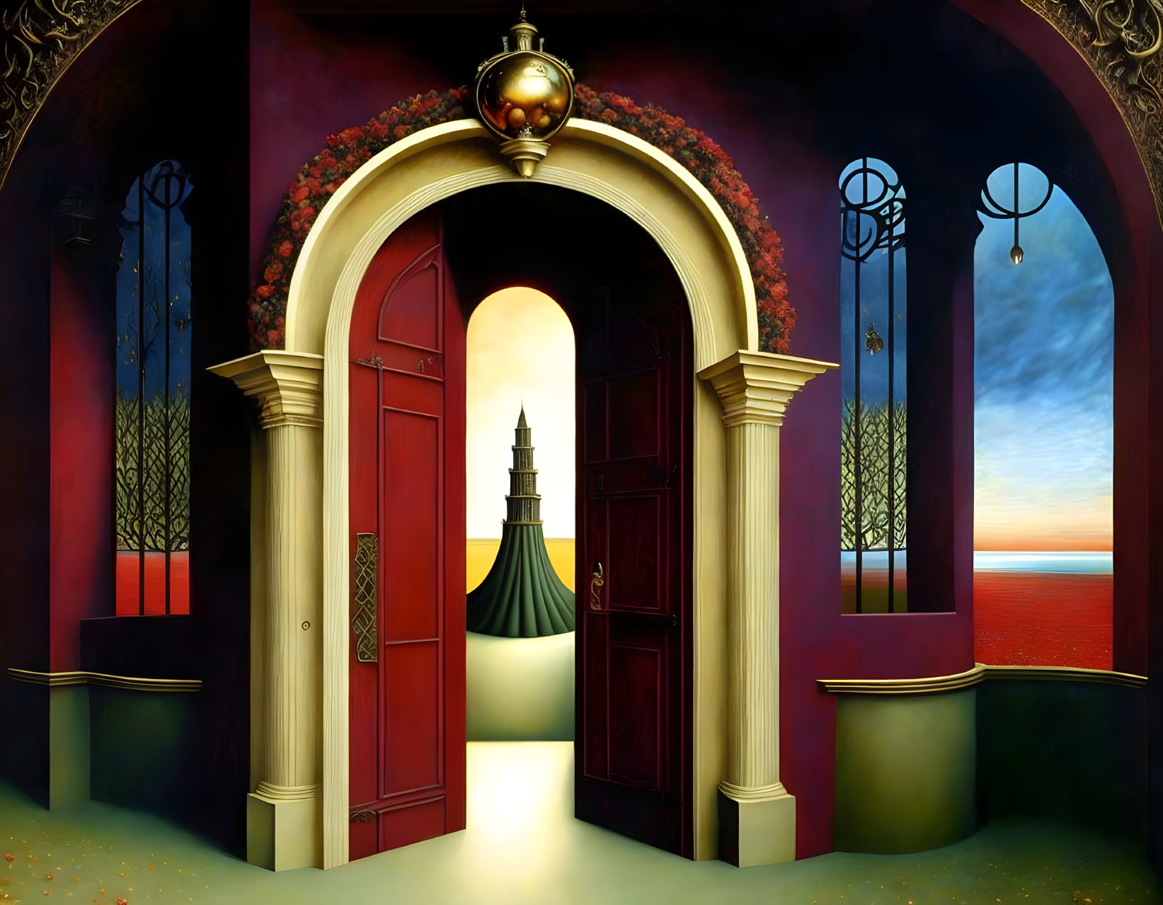 Surrealist painting of open doorway to seascape with ornate lantern