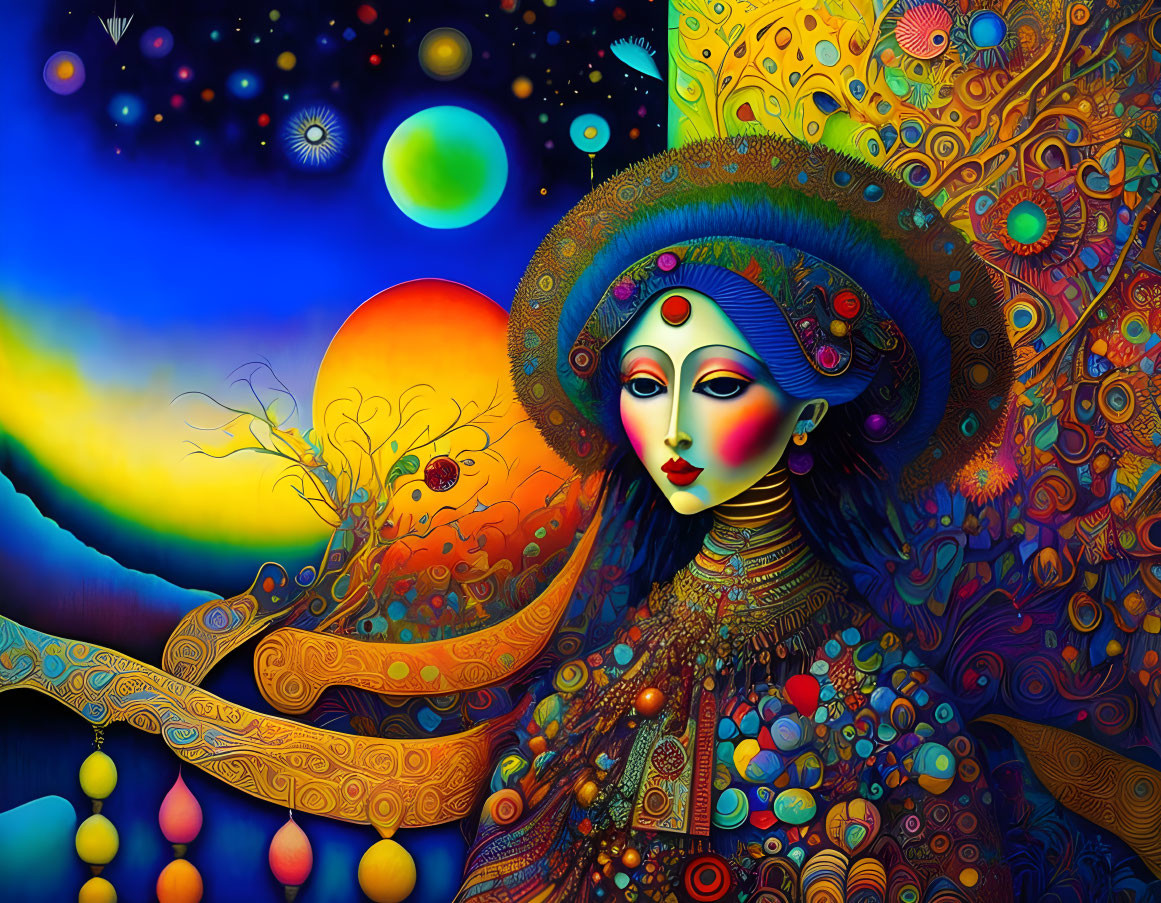 Colorful Psychedelic Woman Illustration with Celestial Elements