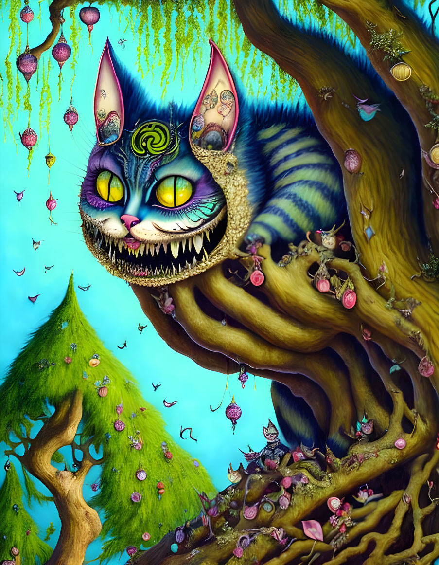 Colorful Cheshire Cat in Vibrant Tree with Surreal Elements