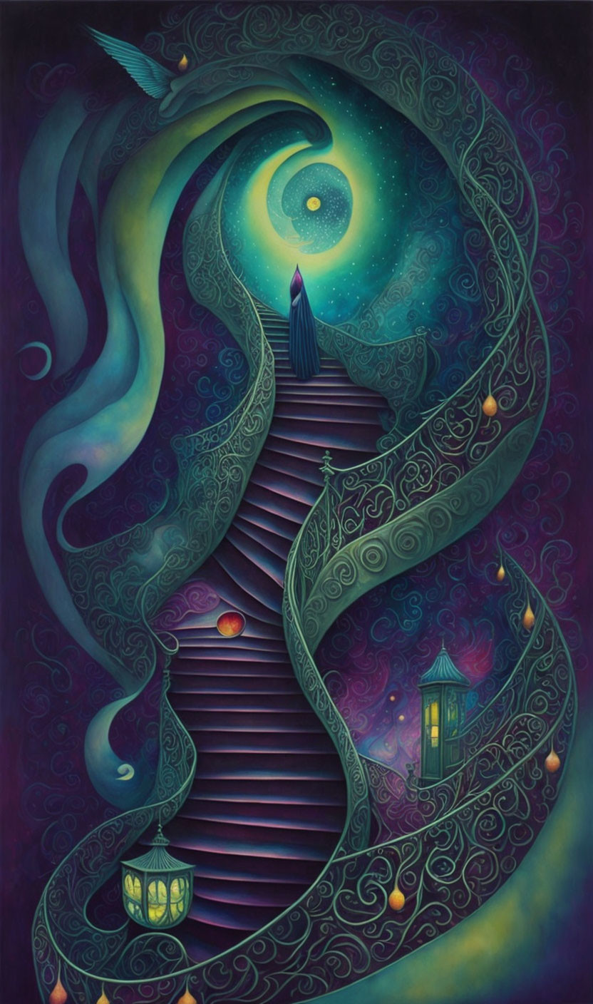 Illustration of person on spiraling staircase in starry setting.