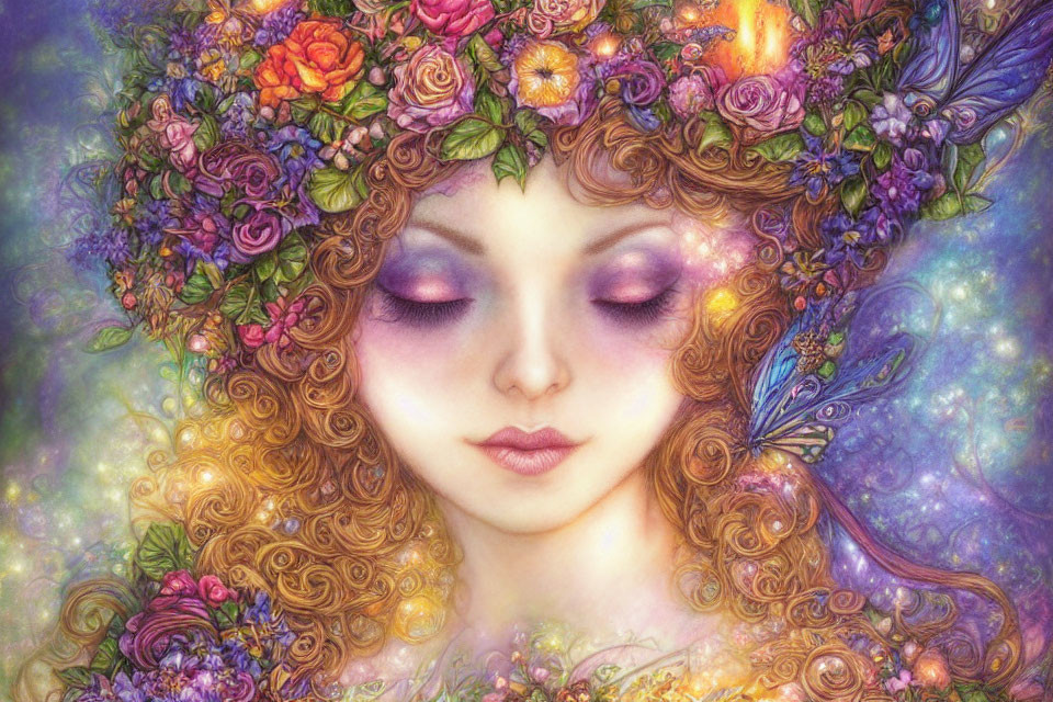 Illustration of woman with golden curly hair in floral wreath, cosmic background.