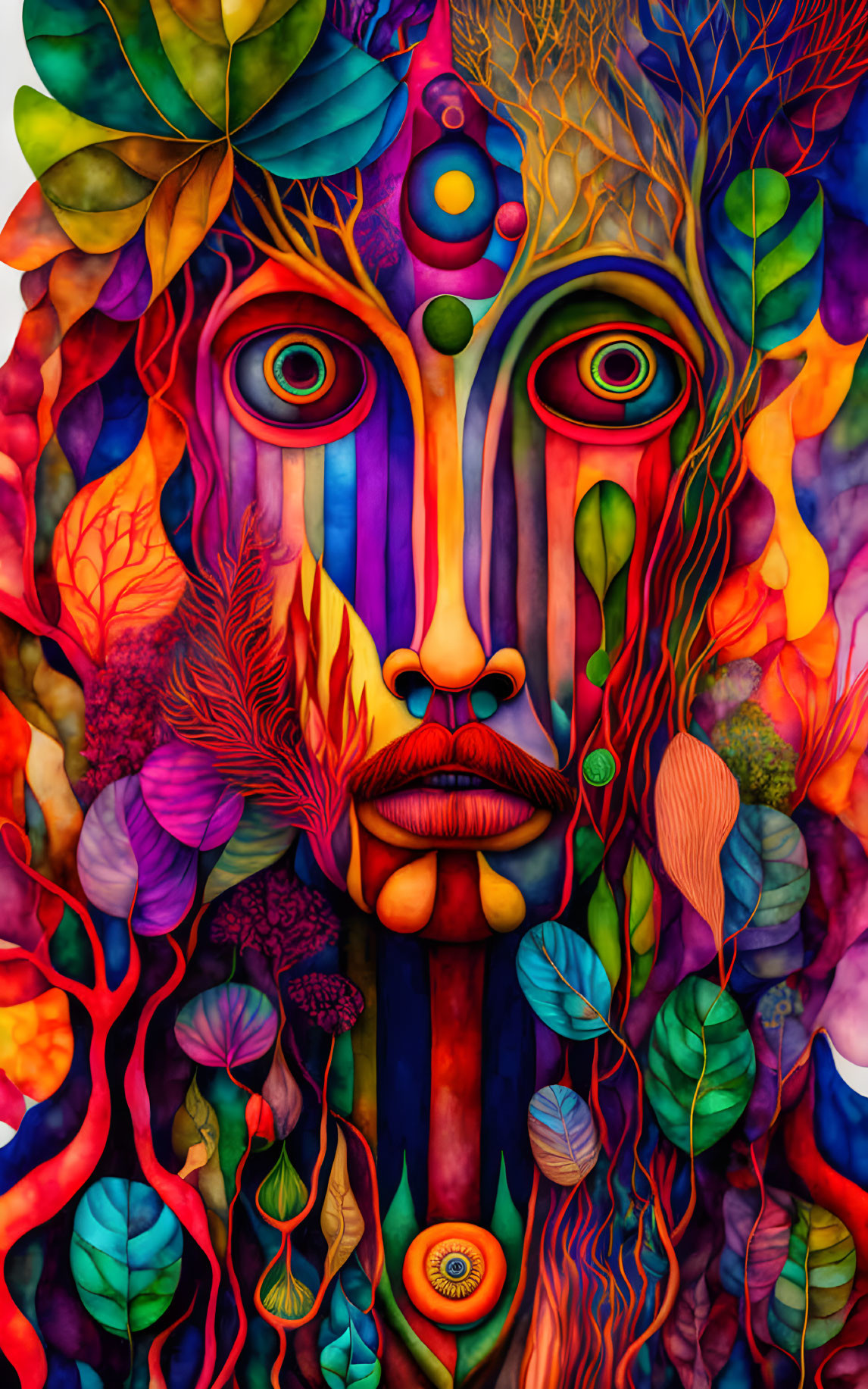 Colorful Abstract Portrait with Plant-Like Elements and Multiple Eyes