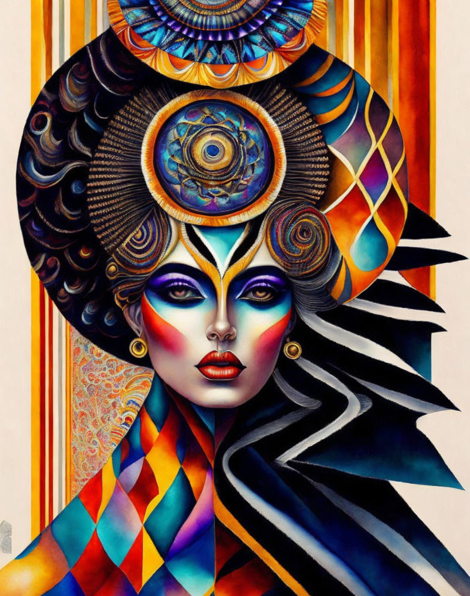 Vibrant portrait of a stylized woman with geometric patterns and elaborate headpiece.