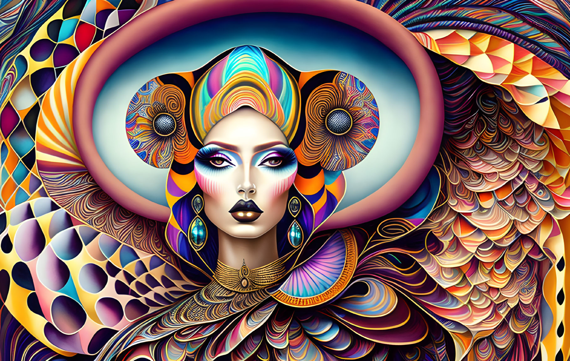 Colorful Psychedelic Portrait of a Stylized Woman with Elaborate Headgear