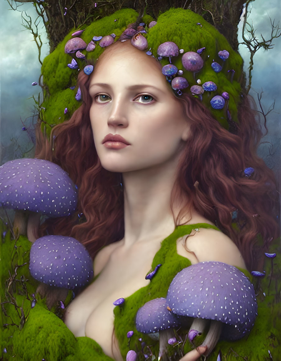 Red-haired woman in moss clothing with purple mushrooms, forest background