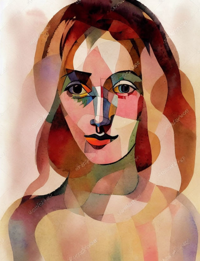 Abstract Watercolor Portrait: Colorful Woman with Cubist Influences