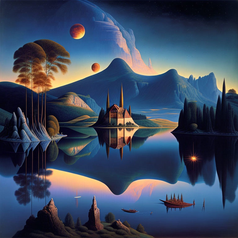 Surreal landscape with calm lake, house reflection, trees, mountains, night sky.