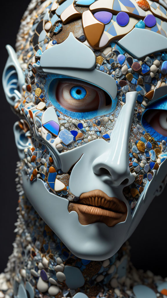 Surreal humanoid sculpture with vivid blue eyes and mosaic-like design