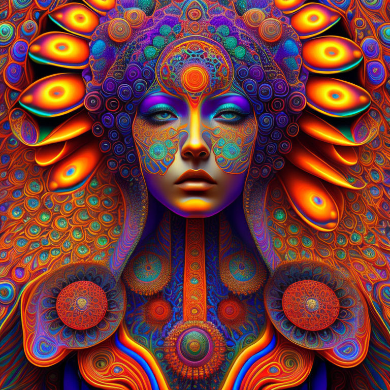 Colorful digital artwork: Blue-skinned female face with mandala patterns on psychedelic background.