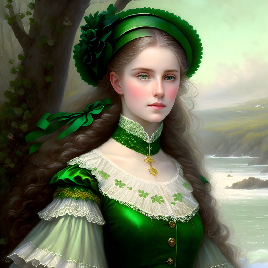 Victorian woman portrait in green dress with coastal background