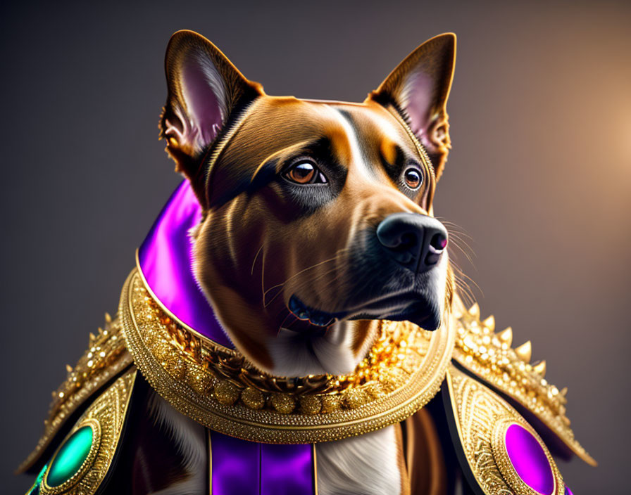 Digitally Enhanced Image of Majestic Dog in Luxurious Purple and Gold Attire