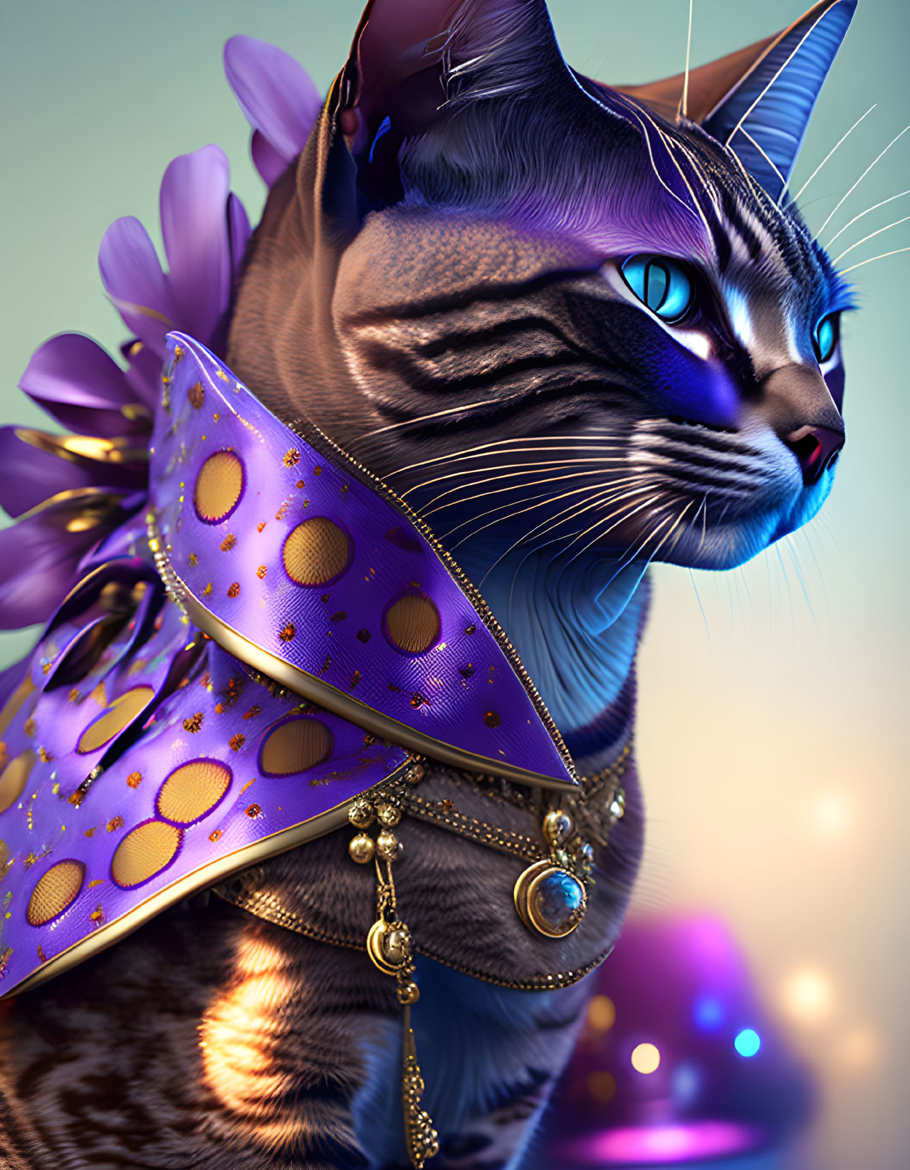 Regal cat digital art: blue-eyed feline in purple cape with gold collar