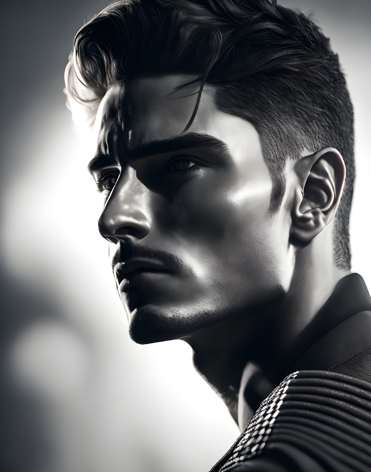 Monochromatic digital portrait of a man with prominent cheekbones and sculpted jawline