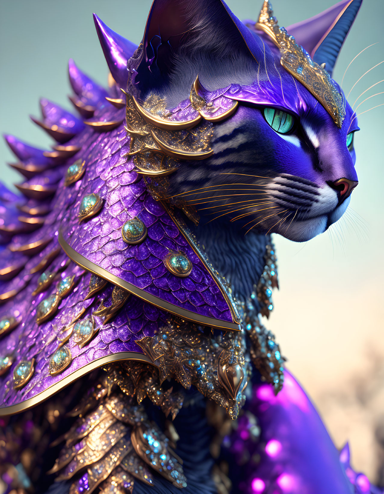 Majestic cat in blue fur with golden and purple armor and gem inlays