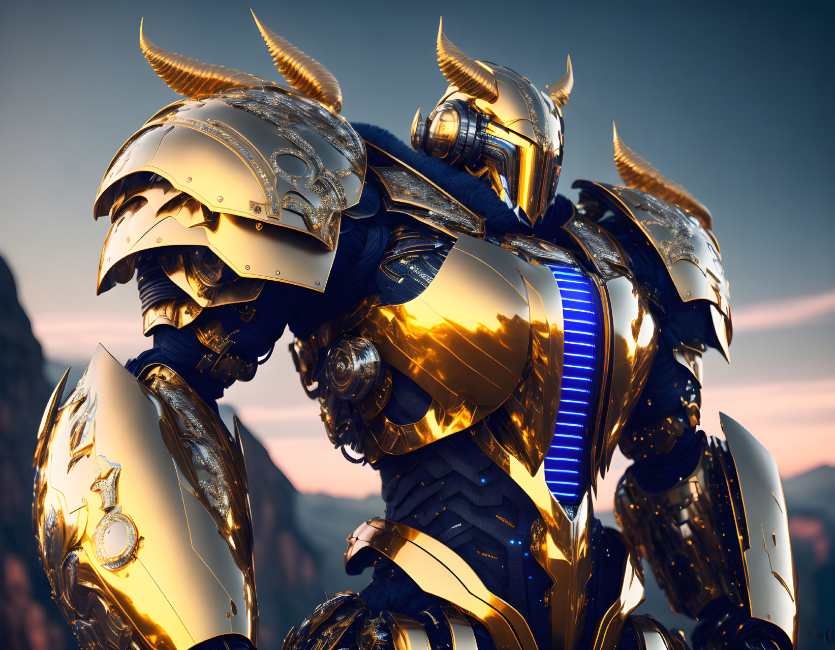 Futuristic knights in golden and silver armor on rocky terrain