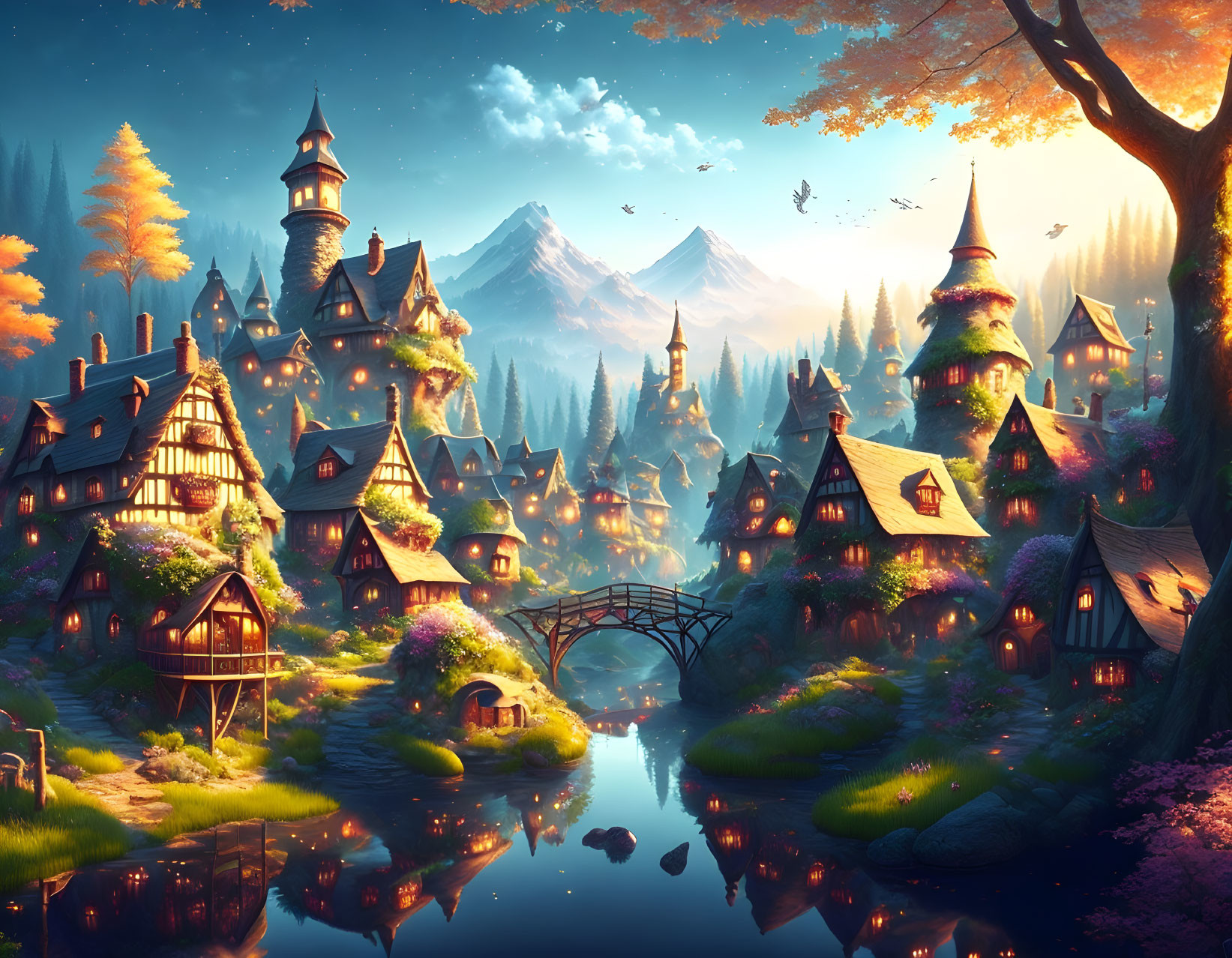 Enchanting fantasy village with illuminated cottages, river bridge, autumn trees, and sunset mountains