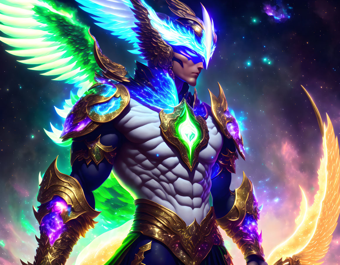 Angel warrior in ornate armor with glowing wings against cosmic background