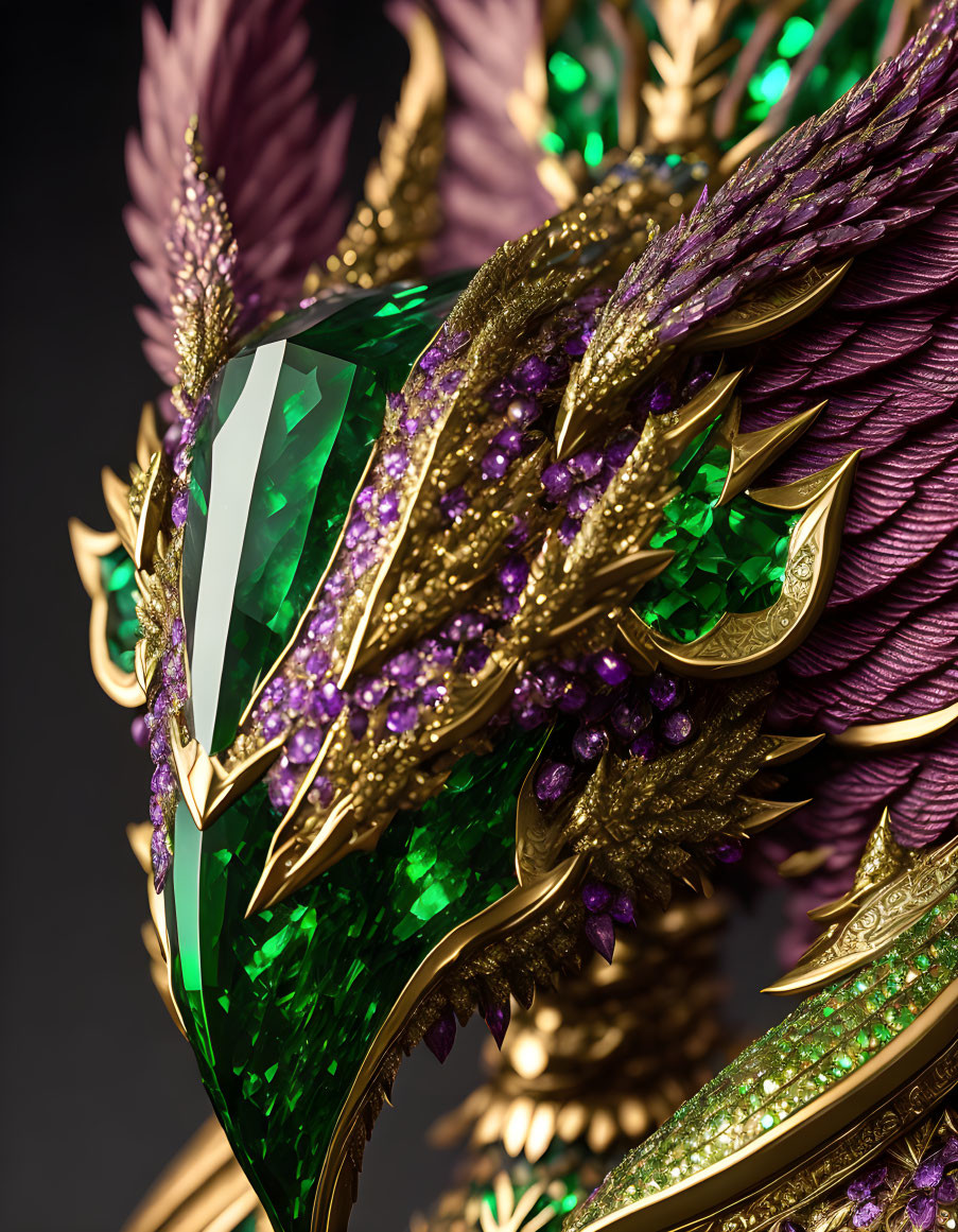 Luxurious Green Gemstone with Golden Accents and Purple Feathers