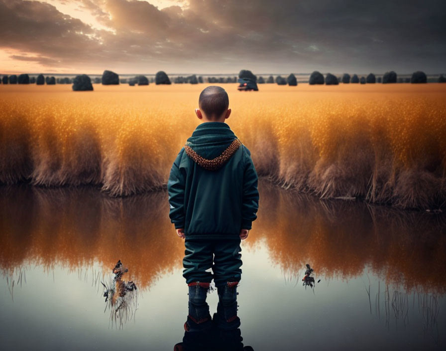 Child admiring tranquil water and golden field with hay bales under moody sky