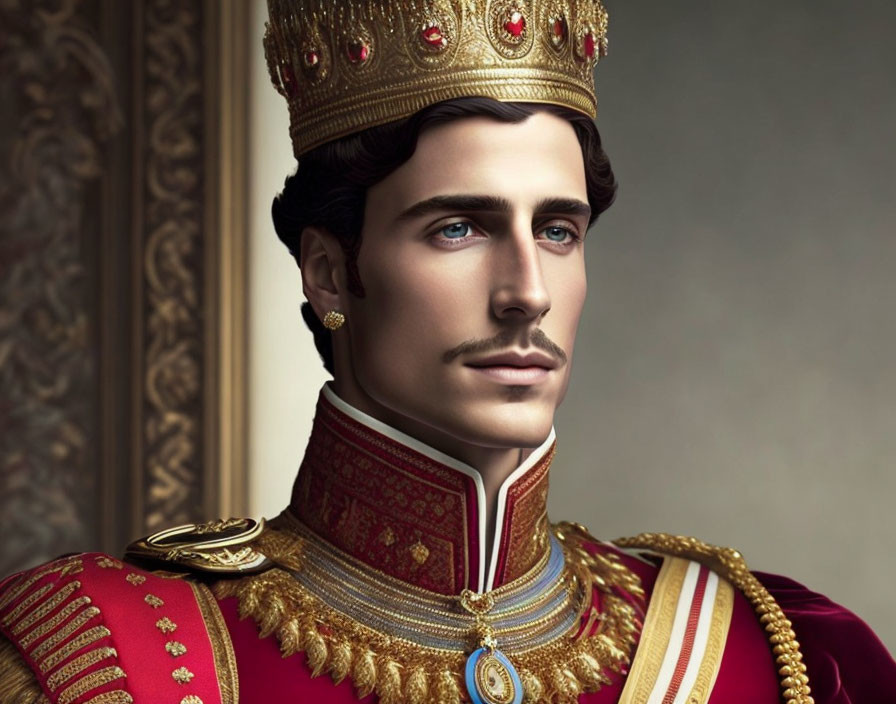 Regal man in ceremonial uniform with crown and medals