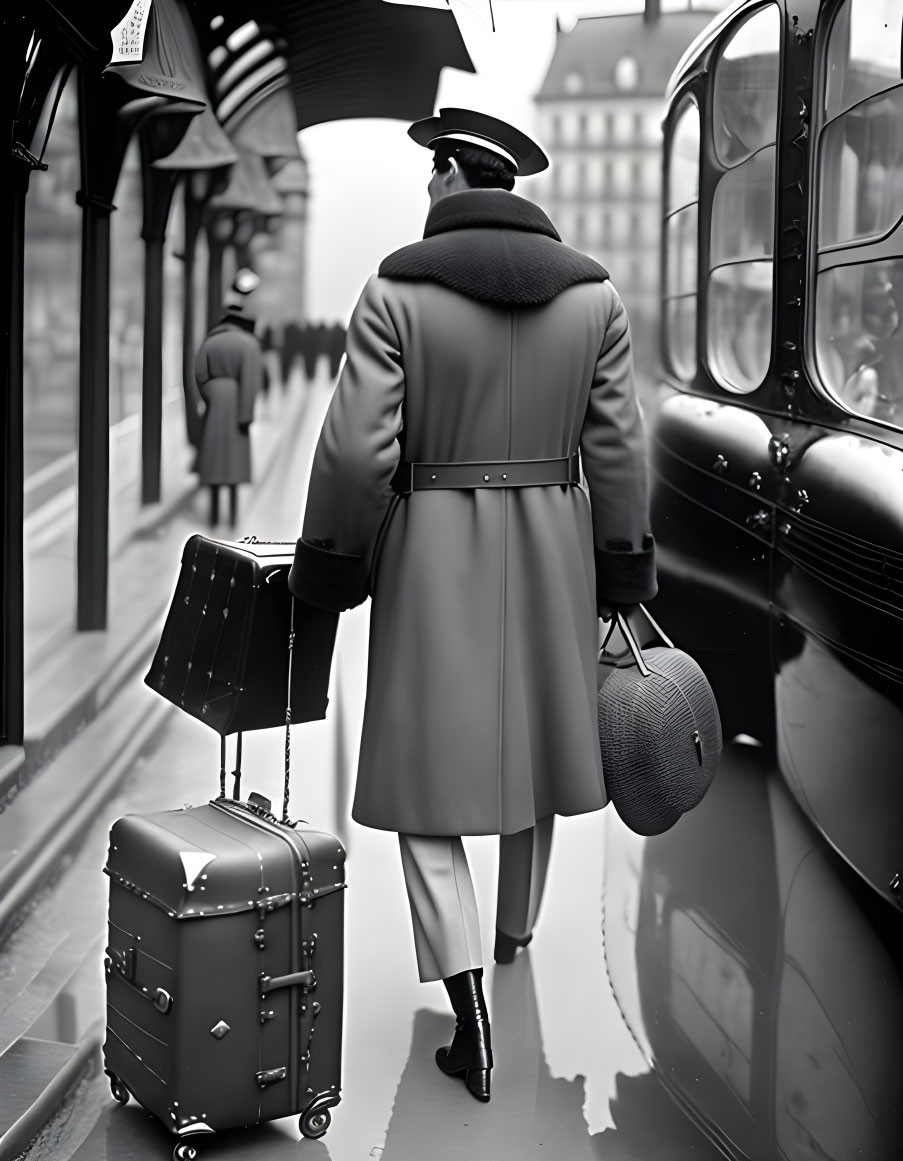 Vintage Outfit Person by Old Train in Black and White Photo