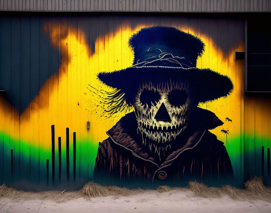 Colorful Skeleton Graffiti Art with Flame-like Background